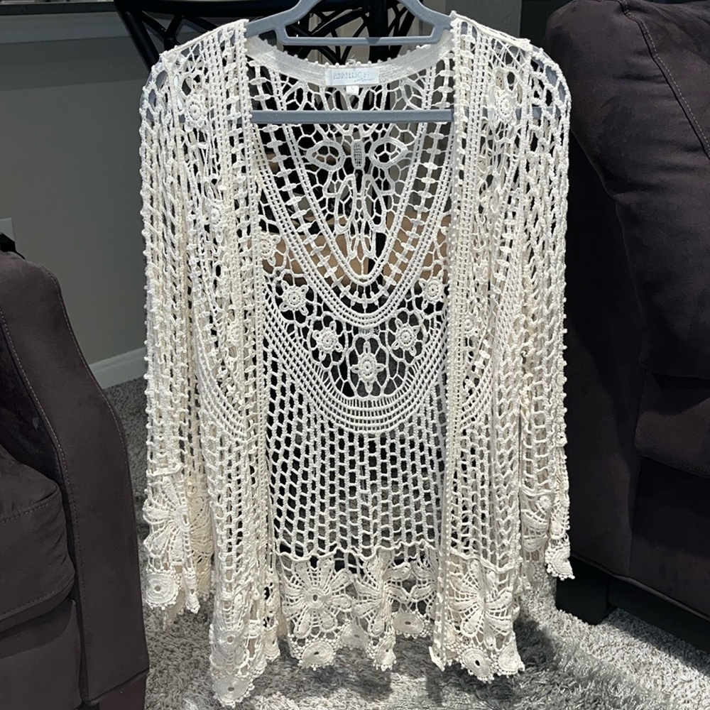 Rebellion Cream Crochet Open-Front Tunic Cardigan